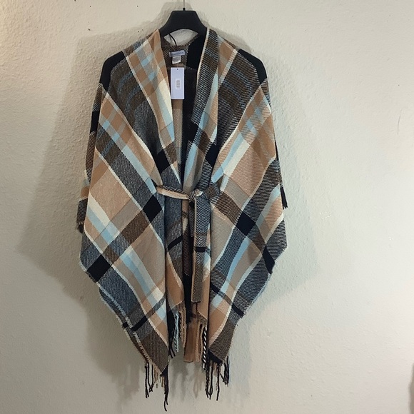New Aerosoles plaid Wrap cape sweater wrap with belt O/S One size fits most - Picture 12 of 12